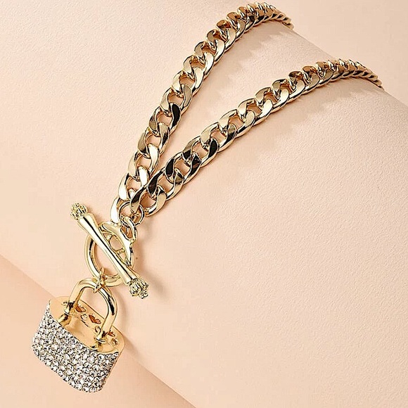 Gold Lock Rhinestone Chain Link Toggle Necklace - Picture 10 of 10